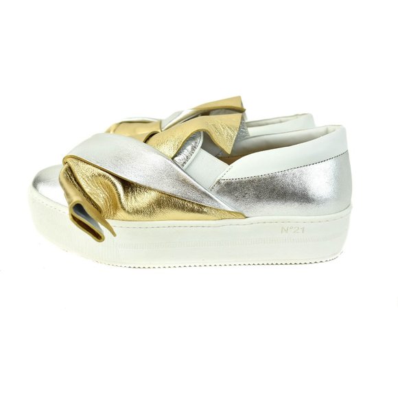 No21: Metallic Gold/Silver, Leather Bow Flatforms - Picture 2 of 11